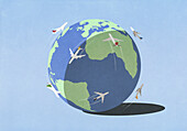 Flugzeuge fliegen um den Globus