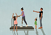 Family cheering for amputee mother exercising on treadmill\n