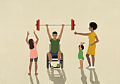 Family cheering for father in wheelchair lifting barbell overhead\n