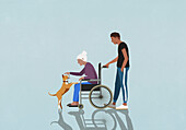 Enkel beobachtet Großmutter im Rollstuhl beim Spielen mit Hund