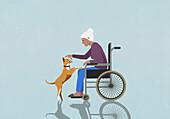 Ältere Frau im Rollstuhl spielt mit Hund