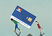 Ehepaar trägt und schiebt große, schwere Kreditkartenschuldenlast