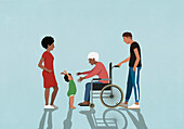 Familie beobachtet Großmutter im Rollstuhl, die nach ihrem kleinen Enkelsohn greift