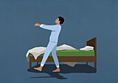 Man in pajamas sleepwalking along bed in nighttime bedroom\n