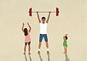 Supportive children cheering for strong father weightlifting barbell overhead\n