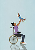 Happy mother in wheelchair playing, lifting baby son overhead\n