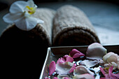 Rosa schwebende Blütenblätter in einer quadratischen Schale mit braunen Handtüchern