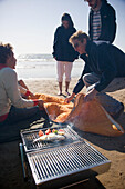 Friends having a barbeque on the beach\n