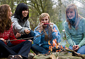 Mädchen im Teenageralter rösten Marshmallows über dem Lagerfeuer, eine spielt Mundharmonika