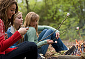 Teenager-Mädchen rösten Marshmallows über dem Lagerfeuer eine benutzt ein Handy