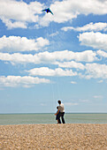 Back view of father and son standing on a beach flying a kite\n