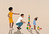 Supportive parents cheering for happy baby son stacking toy blocks\n