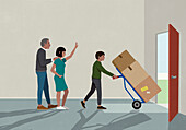 Eltern winken ihrem Sohn zum Abschied zu, der Umzugskisten transportiert