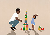 Father watching happy baby son playing, stacking toy blocks\n