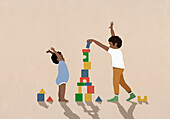 Happy young brothers playing, stacking toy blocks\n