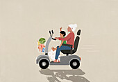 Großmutter und glücklicher Enkel beim Lebensmitteleinkauf im motorisierten Rollstuhl