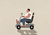 Overweight man riding motor scooter\n