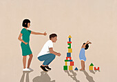 Parents cheering for happy baby son playing, stacking toy blocks\n