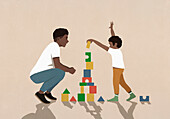 Father watching excited son playing, stacking toy blocks\n