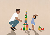 Father and happy baby son playing, stacking toy blocks\n