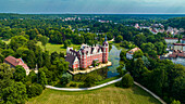 Aerial of Muskau Castle, Muskau (Muskauer) Park, UNESCO World Heritage Site, Bad Muskau, Saxony, Germany, Europe\n