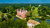 Aerial of Muskau Castle, Muskau (Muskauer) Park, UNESCO World Heritage Site, Bad Muskau, Saxony, Germany, Europe\n