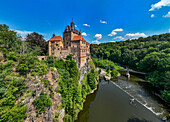 Aerial of Kriebstein Castle, on the Zschopau River, Kriebstein, Saxony, Germany, Europe\n