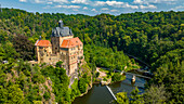 Aerial of Kriebstein Castle, on the Zschopau River, Kriebstein, Saxony, Germany, Europe\n