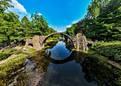 Aerial of the Rakotzbrucke (Devil´s Bridge), Kromlau Azalea and Rhododendron Park, Gablenz, Saxony, Germany, Europe\n