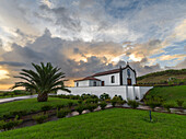 Sunset over Ermida de Nossa Senhora do Pranto chapel on Sao Miguel island, Azores Islands, Portugal, Atlantic, Europe\n