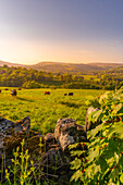 Blick auf die Landschaft in Richtung des Dorfes Hope im Frühling, Peak District National Park, Derbyshire, England, Vereinigtes Königreich, Europa