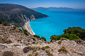 View of Myrtos Beach, coastline, sea and hills near Agkonas, Kefalonia, Ionian Islands, Greek Islands, Greece, Europe\n