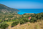 View of coastline, sea and hills near Agkonas, Kefalonia, Ionian Islands, Greek Islands, Greece, Europe\n