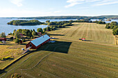 Aerial view of farm and agricultural fields\n