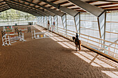 Blick auf Reiterin beim Reiten in der Reithalle