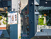 Aerial vie of courtyards surrounded by blocks of flats\n