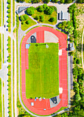 Aerial view of track and field stadium\n