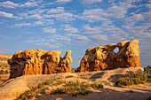 Sandstone hoodoo rock formations in the Devil's Garden in the Grand Staircase-Escalante National Monument in Utah.\n