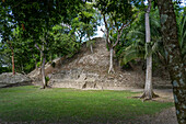 The rear of pyramid B1 faces Plaza C in the Mayan ruins in the Cahal Pech Archeological Reserve, Belize.\n