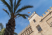 Spain, Valencia, Low angle view of facade of Silk Exchange\n