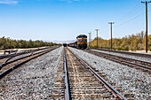 USA, California, Barstow, Kelso Depot, Railroad tracks in desolate Mojave National Reserve\n