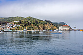 USA, California, Catalina Island, Avalon, View of Avalon Harbor with famous Casino Building\n