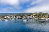 USA, California, Catalina Island, Avalon, View of Avalon Harbor and town on sea coast\n