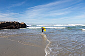 South Africa, Hermanus, Boy (10-11) entering Atlantic Ocean with body board in Kammabaai Beach\n