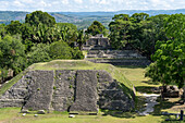 Structure A-1 facing Plaza A-1, with Structures A-13 & A-11 behind in the Xunantunich Archeological Reserve in Belize.\n