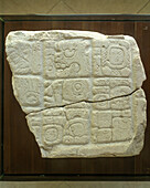 Panel 2 from Structure A32 on the Castillo in the museum in the Xunantunich Archeological Reserve in Belize.\n