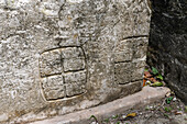 Panel 3 at Structure A9 in the Mayan ruins in the Xunantunich Archeological Reserve in Belize. This panel was originally from a hieroglyphic stairway in Caracol and taken as a trophy of war.\n