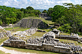 Structure A-5 in the foreground with Structure A-1 facing Plaza A-1 behind in the Xunantunich Archeological Reserve in Belize.\n