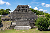 El Castillo, Structure 6, with the stairway of Structure 32 in front in the Xunantunich Archeological Reserve in Belize.\n