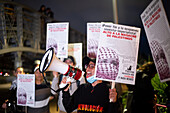 Supporters of Palestine rally outside the Israelian embassy in Bogota, Colombia by waving Palestine flags and banners, on October 10, 2023.\n